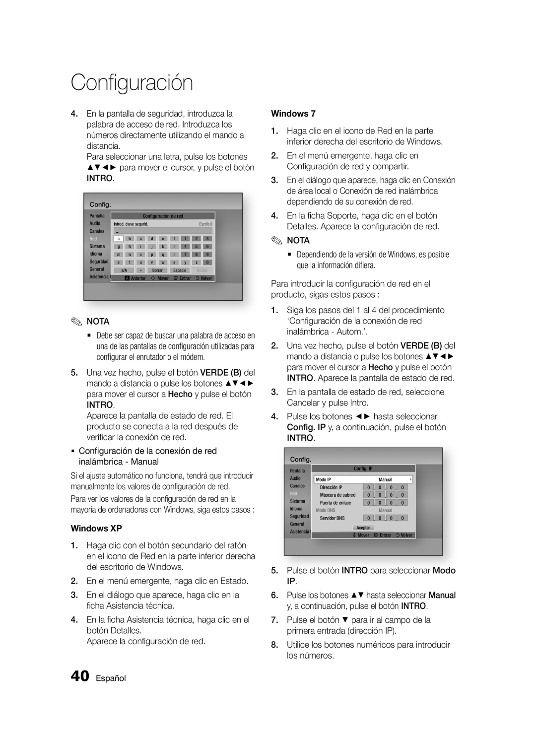 Samsung BD-E6300/ZF manual ƒƒ Configuración de la conexión de red inalámbrica Manual 