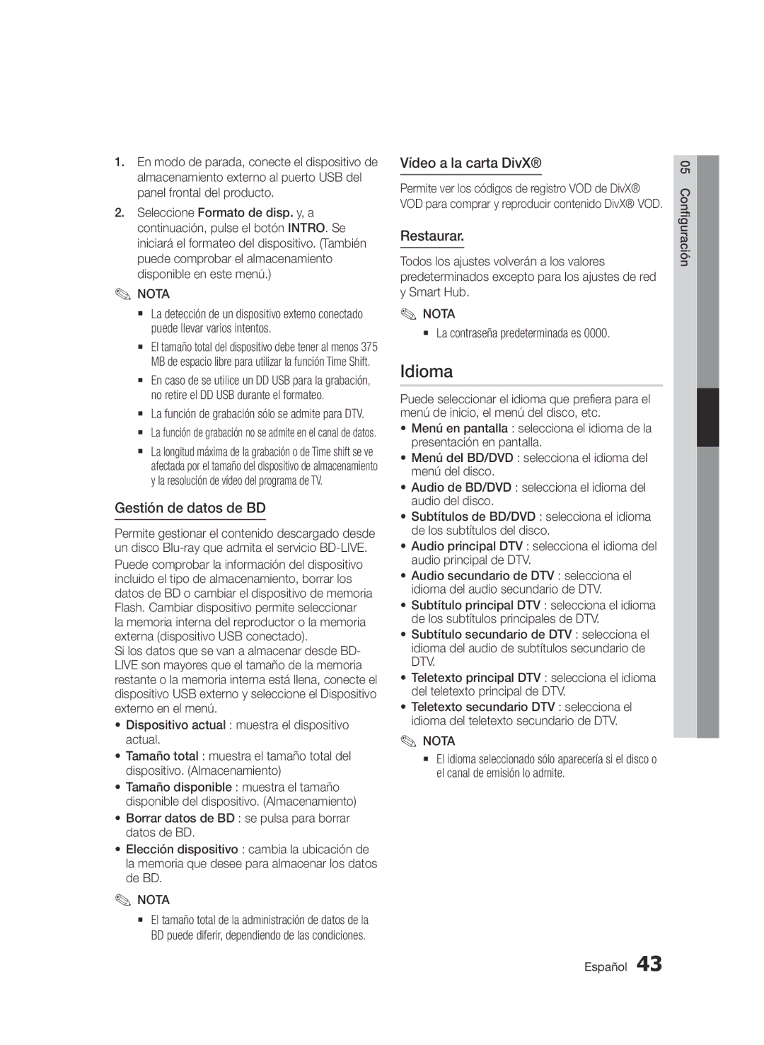 Samsung BD-E6300/ZF Idioma, Gestión de datos de BD, Vídeo a la carta DivX, Restaurar, `` La contraseña predeterminada es 