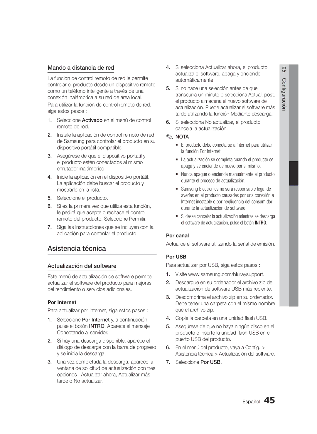 Samsung BD-E6300/ZF manual Asistencia técnica, Mando a distancia de red, Actualización del software 