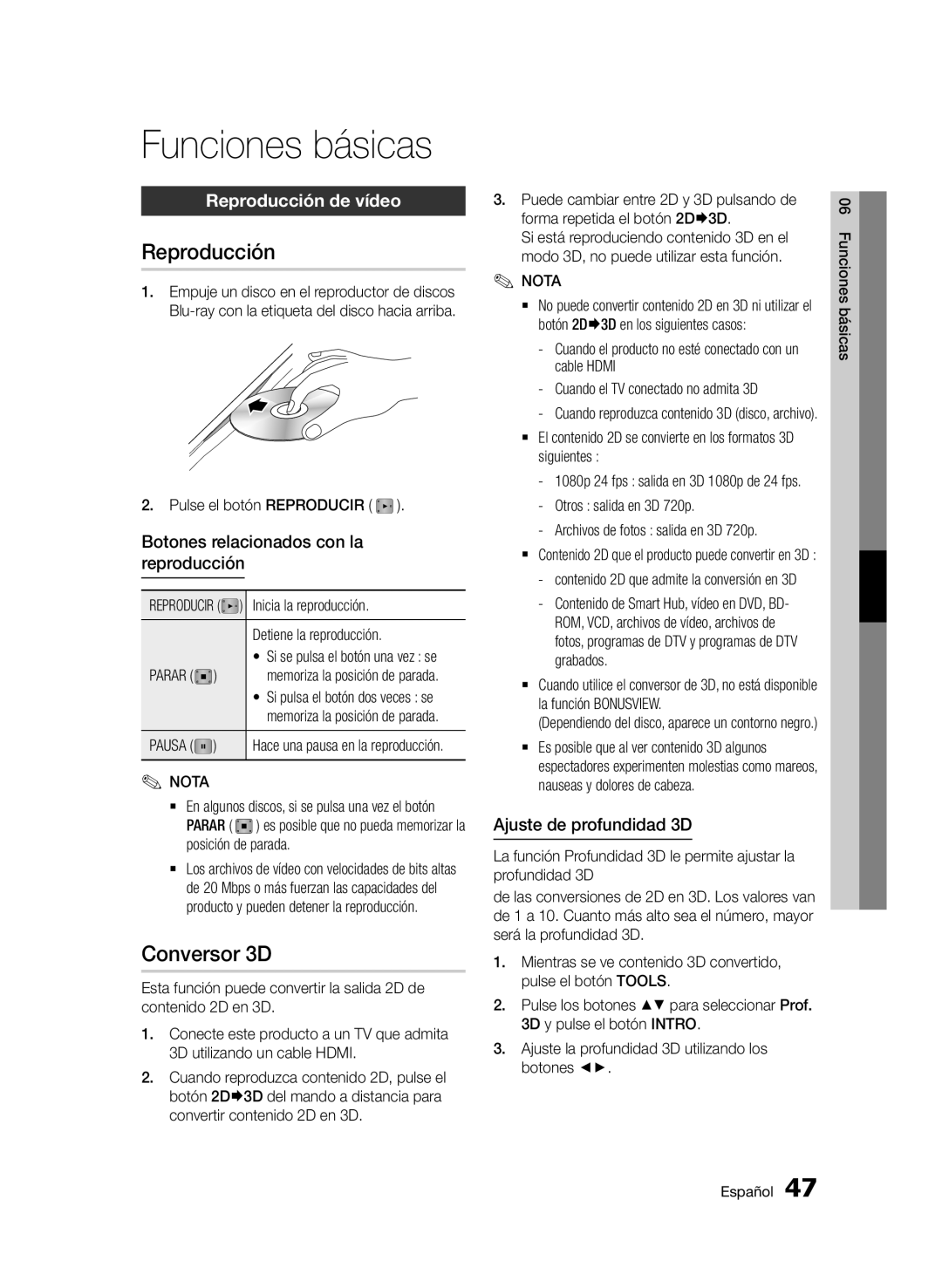 Samsung BD-E6300/ZF manual Funciones básicas, Conversor 3D, Reproducción de vídeo 