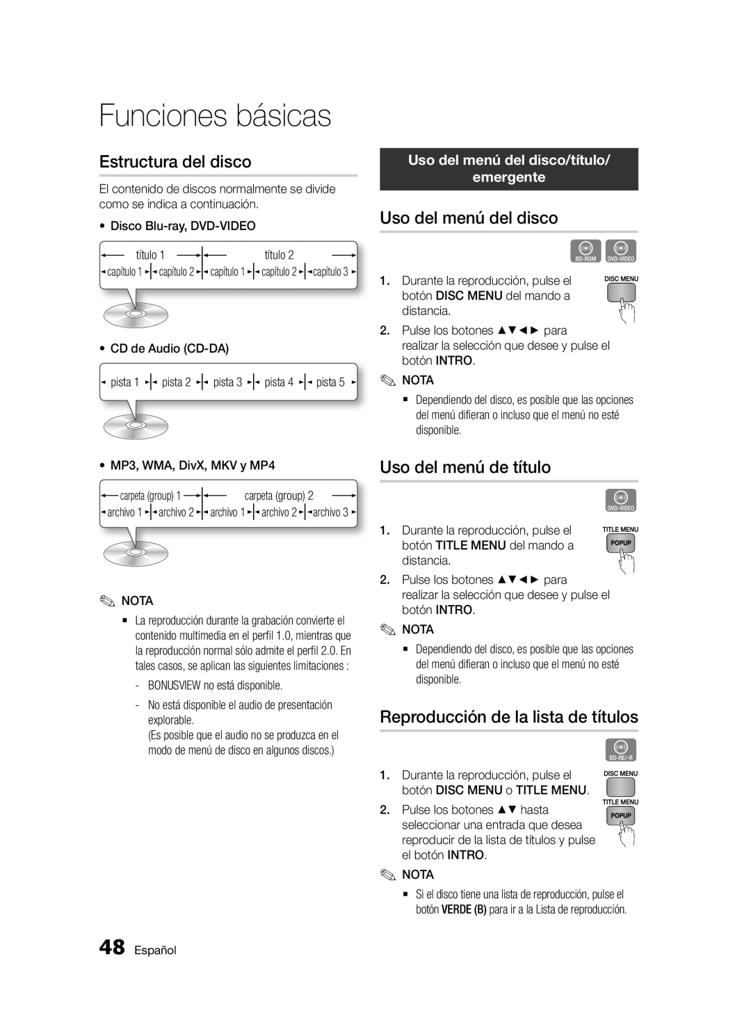 Samsung BD-E6300/ZF manual Estructura del disco, Uso del menú del disco, Uso del menú de título 