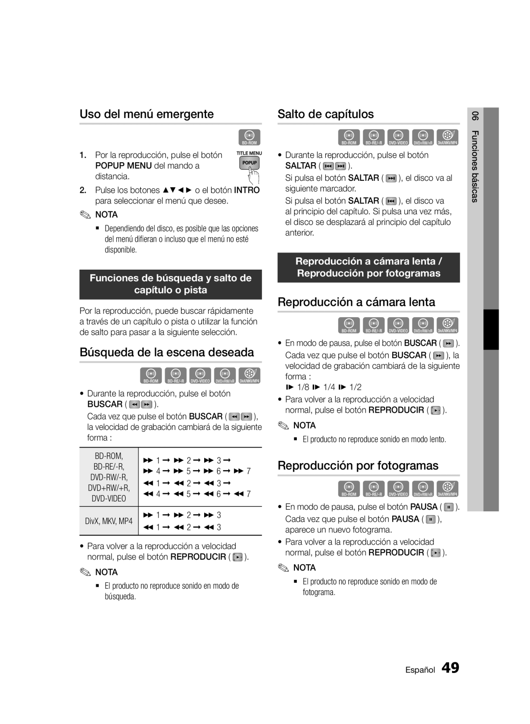 Samsung BD-E6300/ZF Uso del menú emergente, Búsqueda de la escena deseada, Salto de capítulos, Reproducción a cámara lenta 