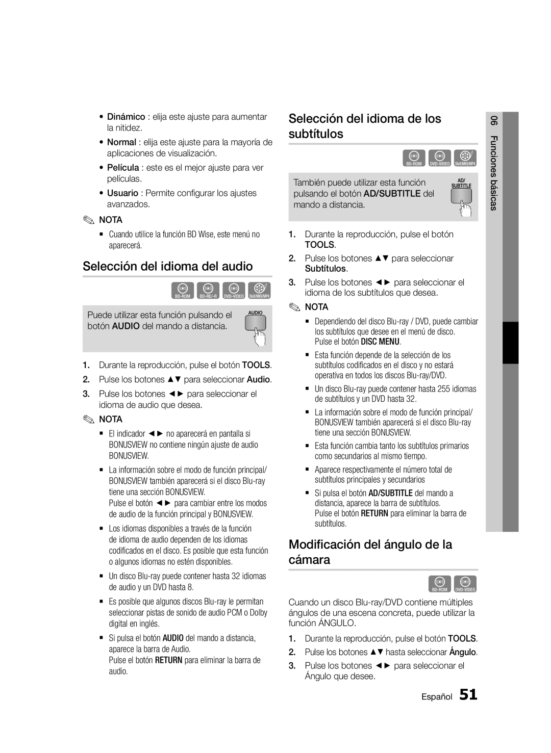 Samsung BD-E6300/ZF manual Selección del idioma del audio, Selección del idioma de los subtítulos, Bonusview 