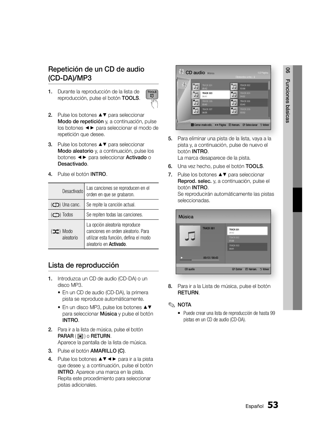 Samsung BD-E6300/ZF manual Repetición de un CD de audio CD-DA/MP3, Lista de reproducción, Return Nota 