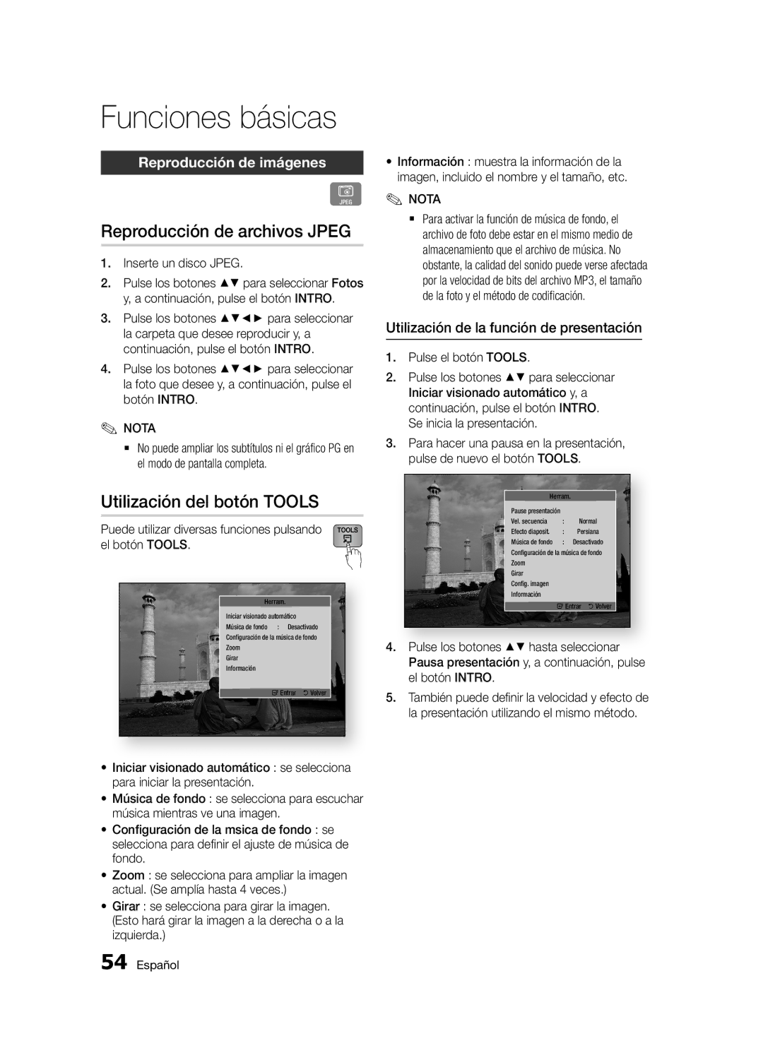 Samsung BD-E6300/ZF manual Reproducción de archivos Jpeg, Utilización del botón Tools, Reproducción de imágenes 