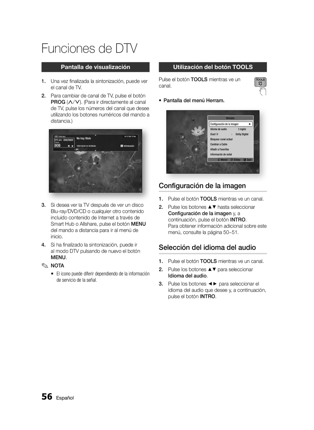 Samsung BD-E6300/ZF manual Funciones de DTV, Configuración de la imagen, Pantalla de visualización 