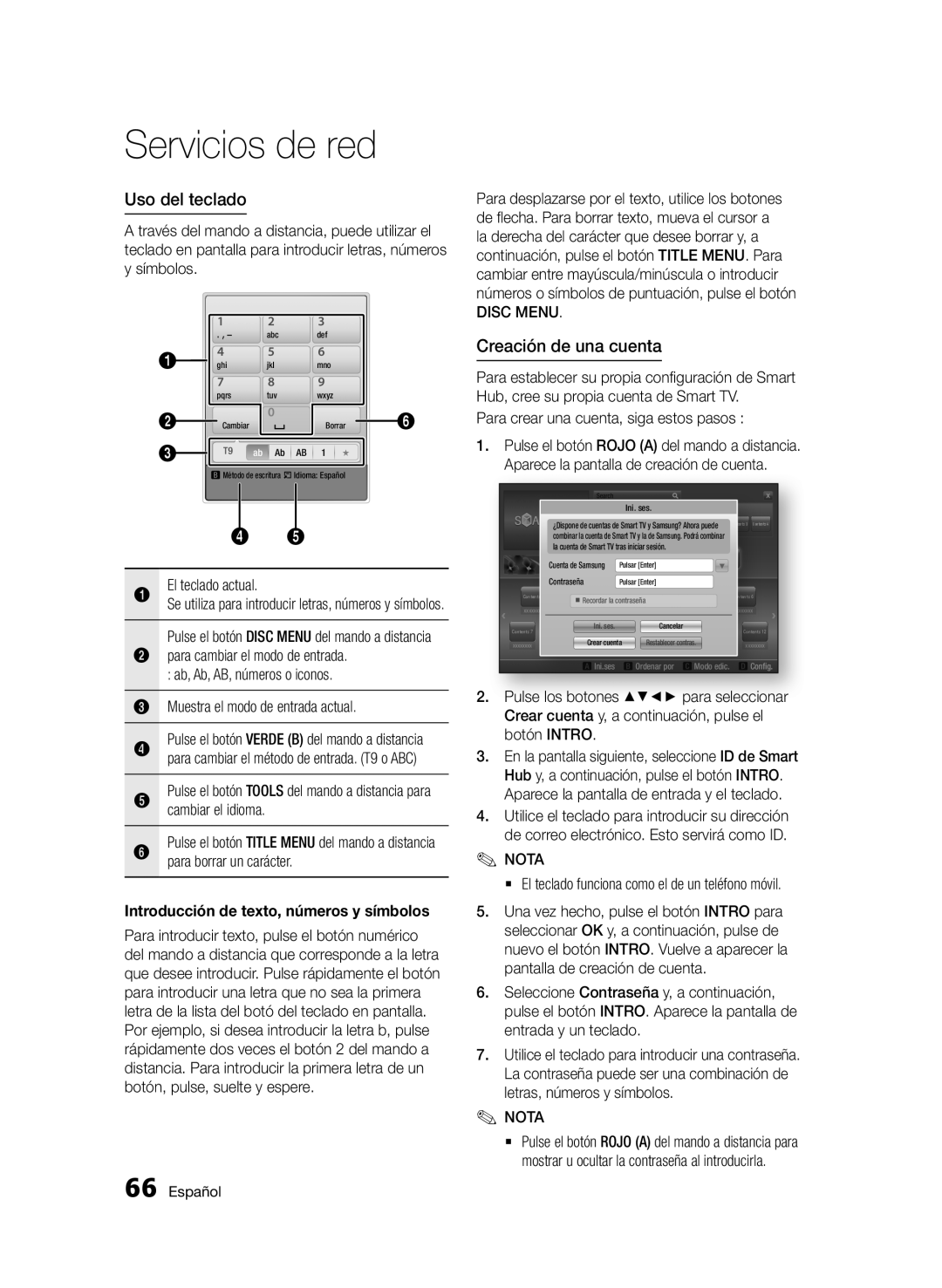 Samsung BD-E6300/ZF manual Uso del teclado, Creación de una cuenta, Introducción de texto, números y símbolos, Disc Menu 