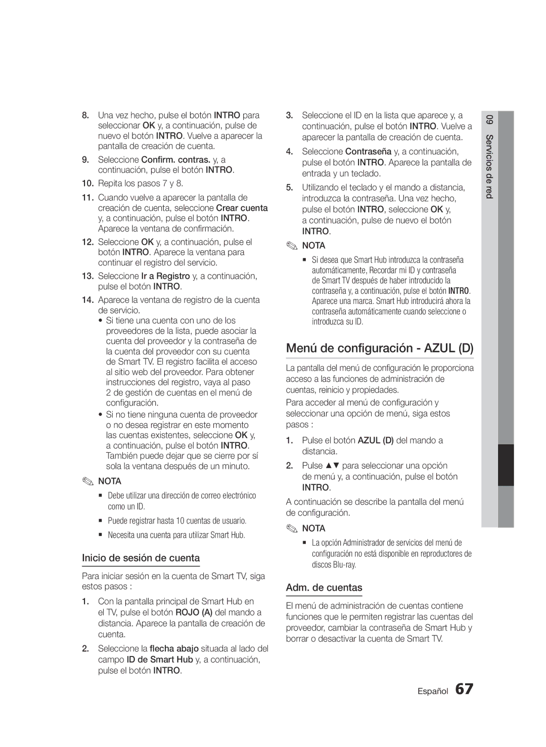 Samsung BD-E6300/ZF manual Menú de configuración Azul D, Inicio de sesión de cuenta, Adm. de cuentas, Intro Nota 