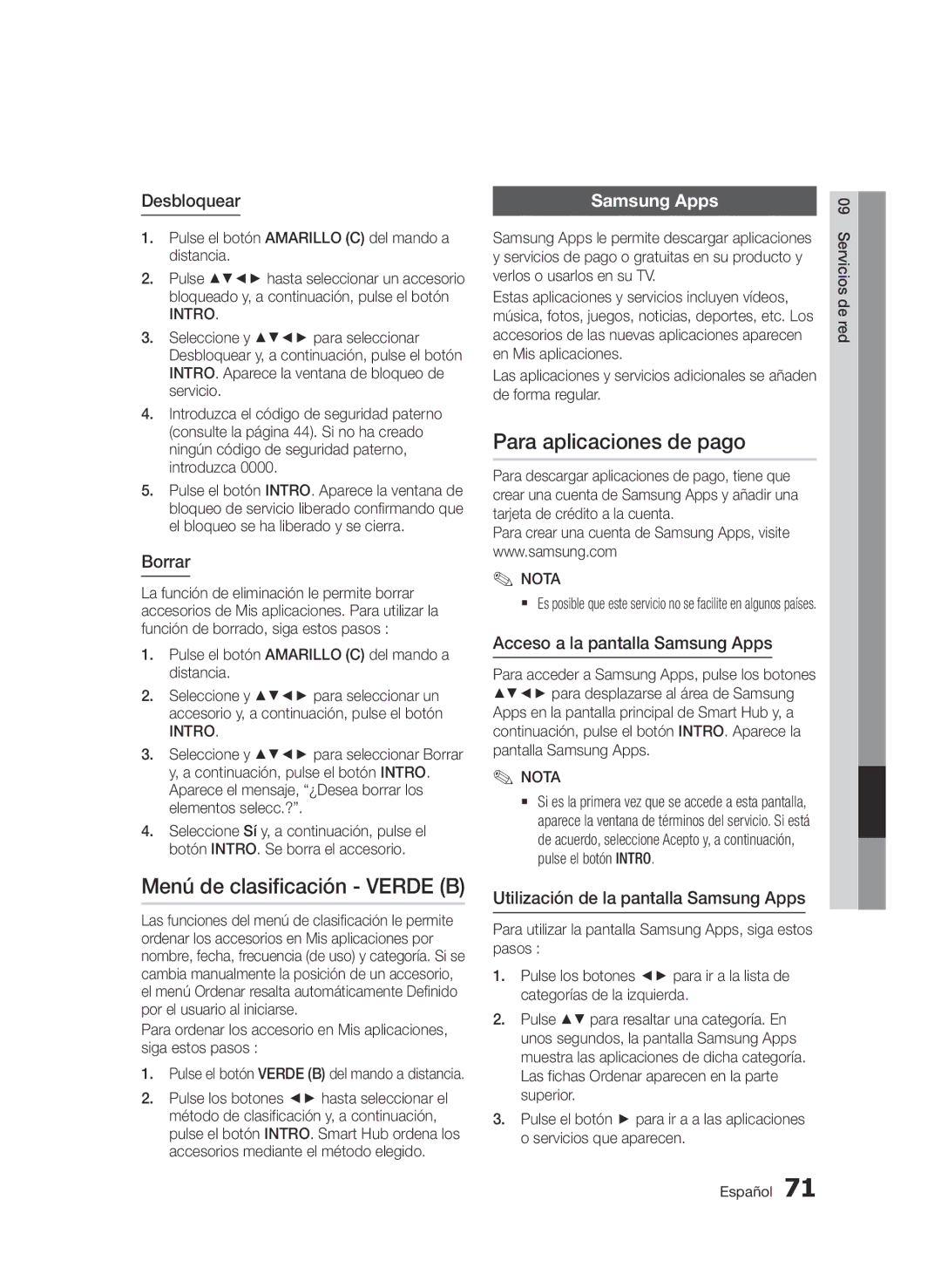 Samsung BD-E6300/ZF manual Menú de clasificación Verde B, Para aplicaciones de pago 