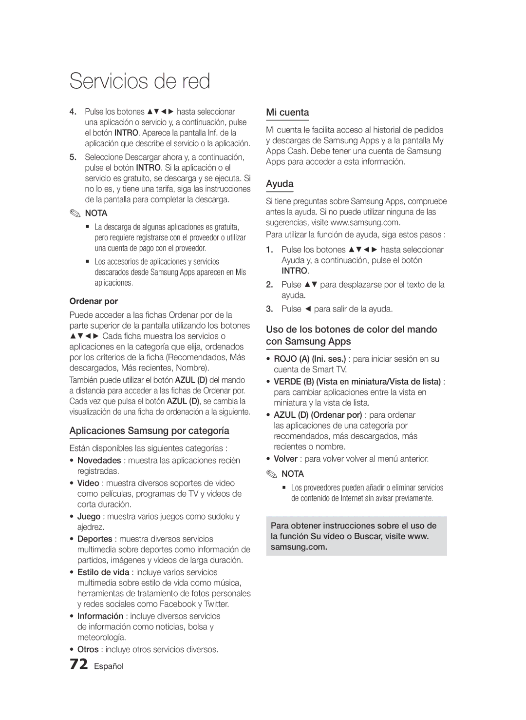 Samsung BD-E6300/ZF manual Aplicaciones Samsung por categoría, Mi cuenta, Ayuda, Ordenar por 