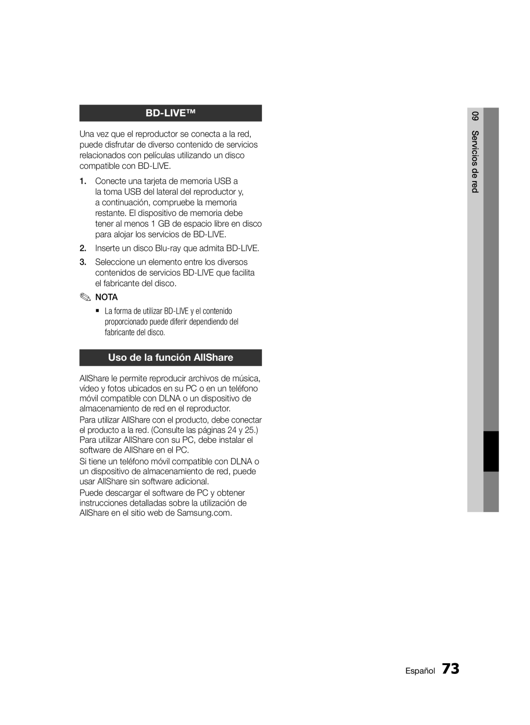 Samsung BD-E6300/ZF manual Uso de la función AllShare 