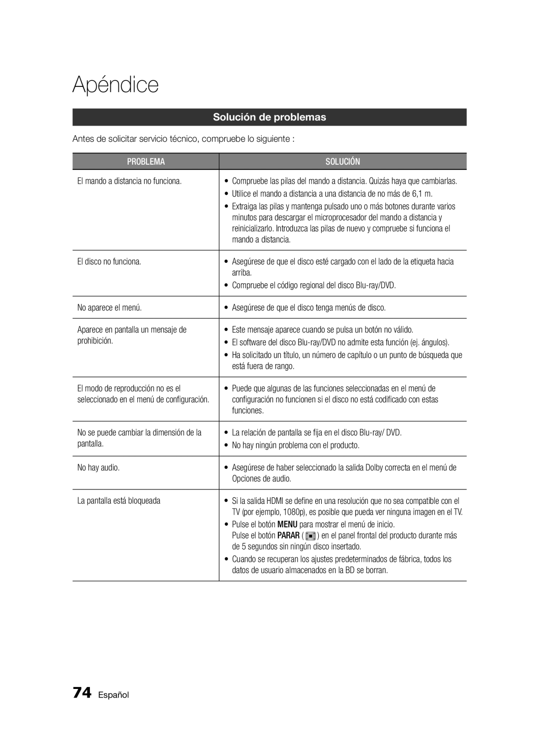 Samsung BD-E6300/ZF manual Apéndice, Solución de problemas 