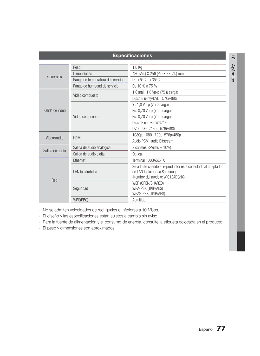 Samsung BD-E6300/ZF manual Especificaciones 