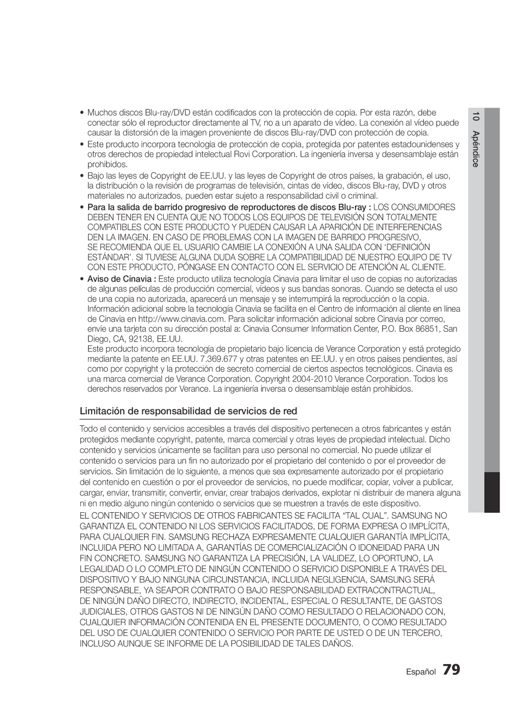 Samsung BD-E6300/ZF manual Limitación de responsabilidad de servicios de red 