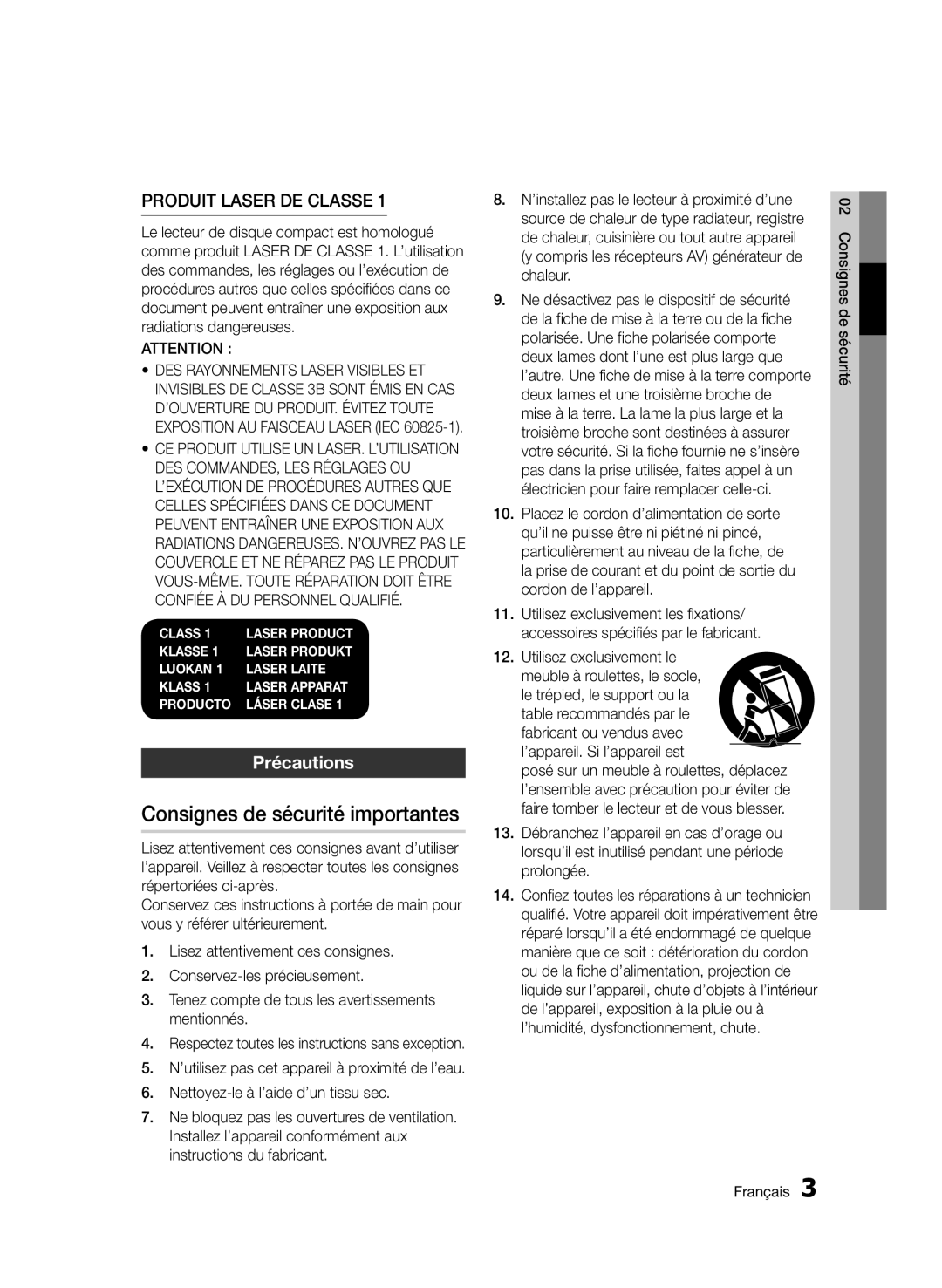 Samsung BD-E6300/ZF manual Consignes de sécurité importantes, Précautions, Nettoyez-le à l’aide d’un tissu sec 