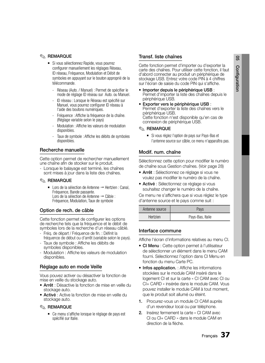 Samsung BD-E6300/ZF manual Recherche manuelle, Option de rech. de câble, Réglage auto en mode Veille, Transf. liste chaînes 