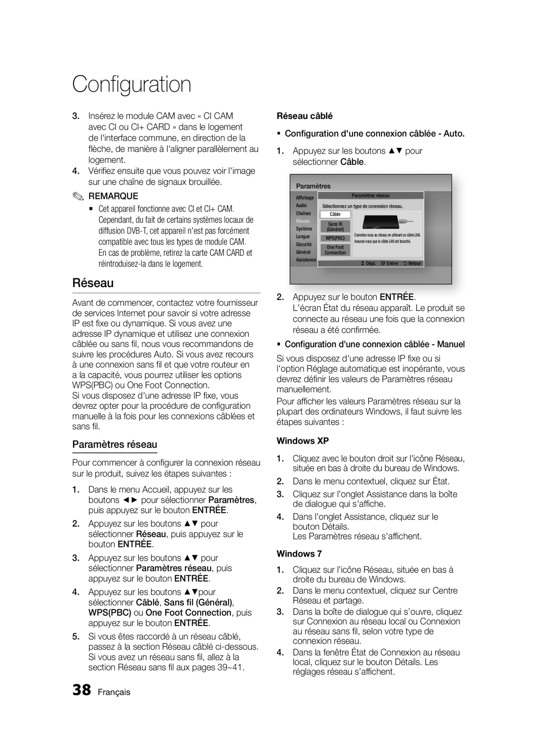 Samsung BD-E6300/ZF manual Paramètres réseau, Réseau câblé, Windows XP 