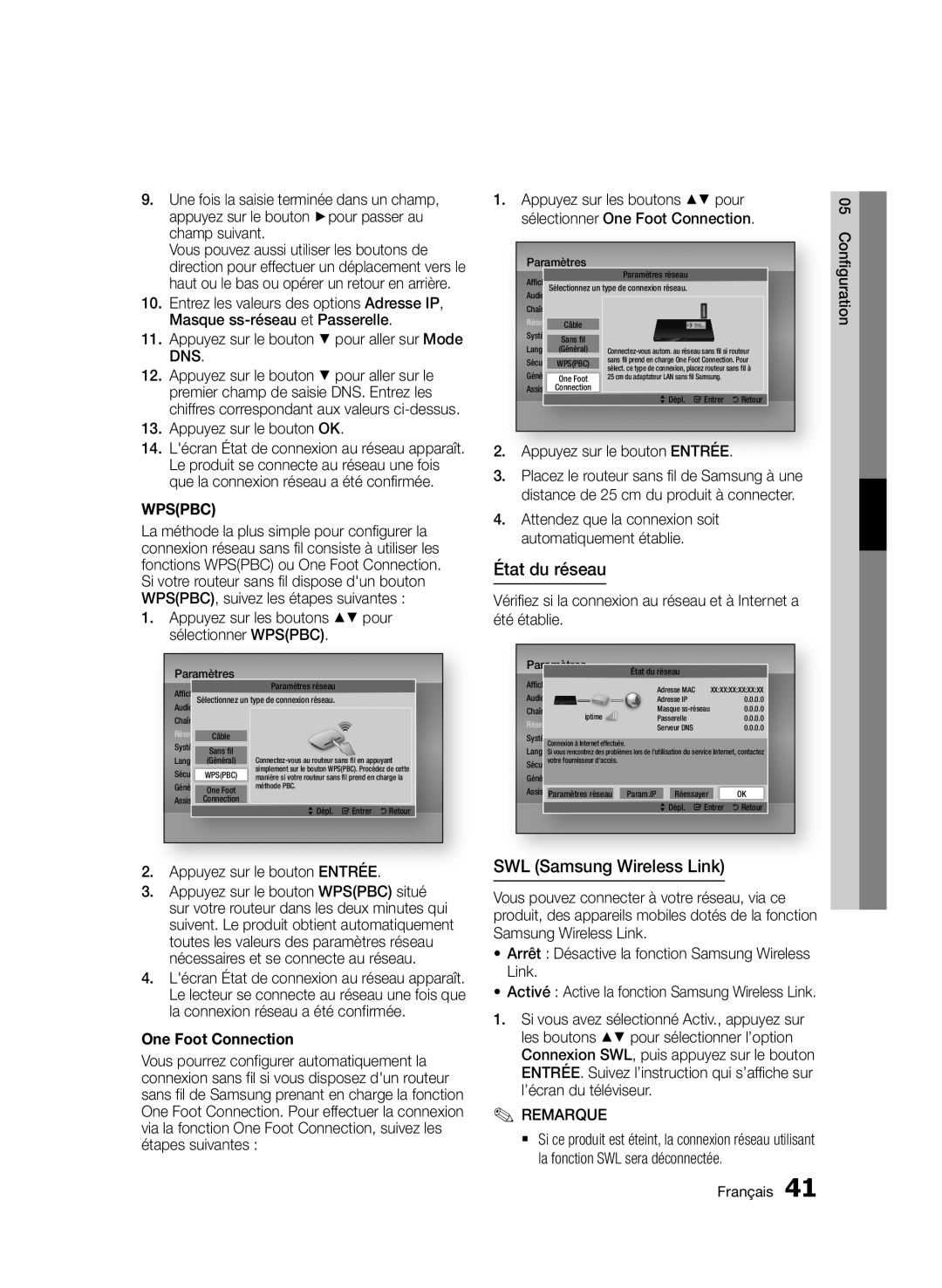 Samsung BD-E6300/ZF manual État du réseau, SWL Samsung Wireless Link, One Foot Connection 