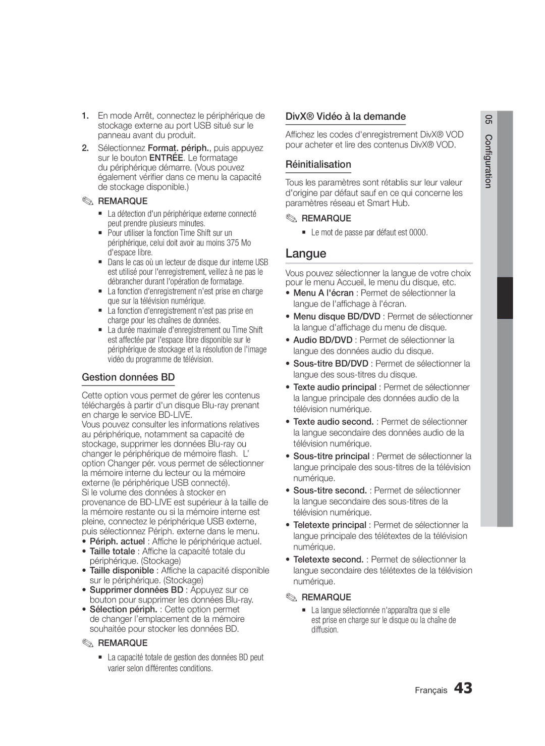 Samsung BD-E6300/ZF manual Langue, Gestion données BD, DivX Vidéo à la demande, Réinitialisation 