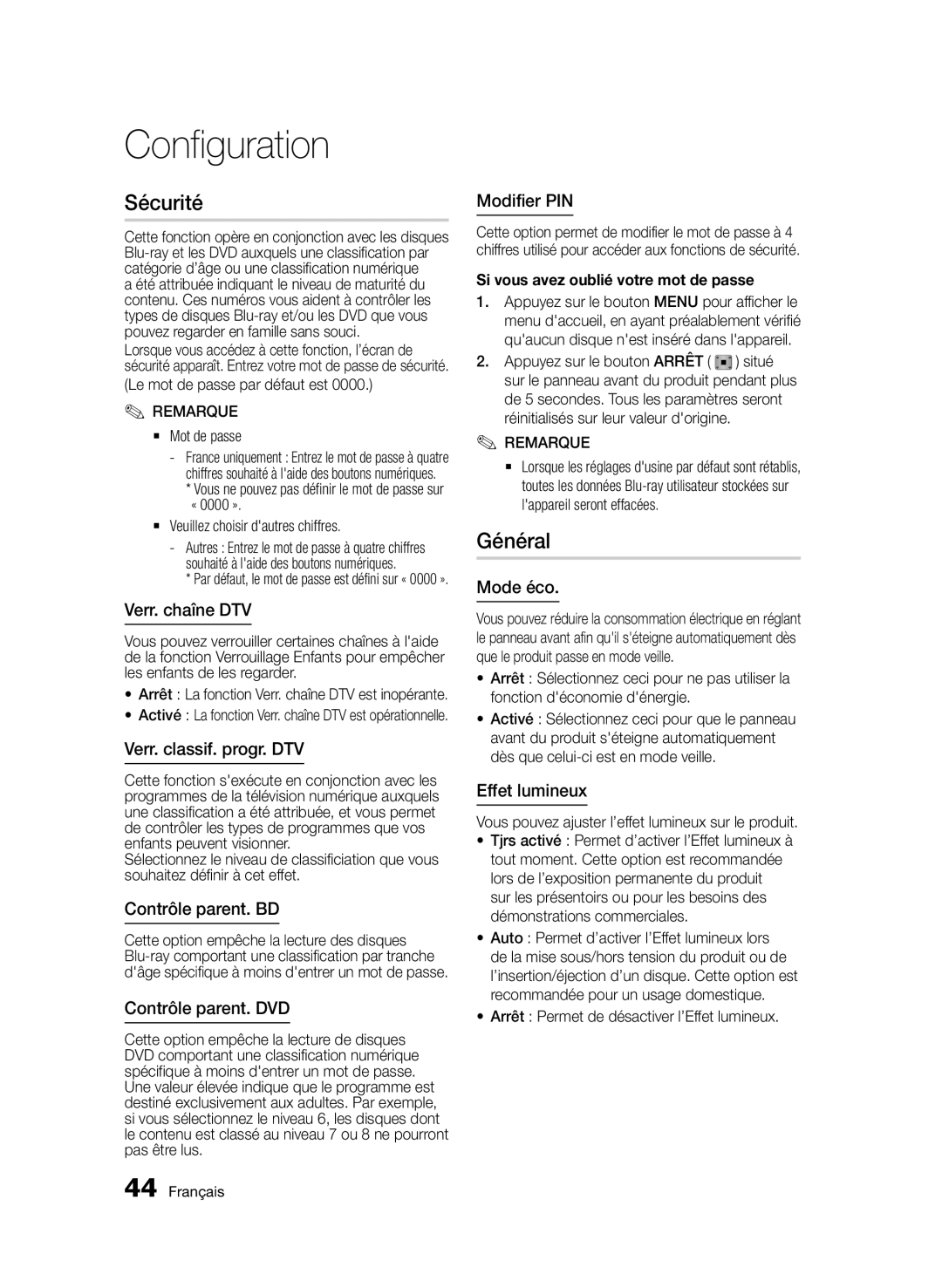 Samsung BD-E6300/ZF manual Sécurité, Général 