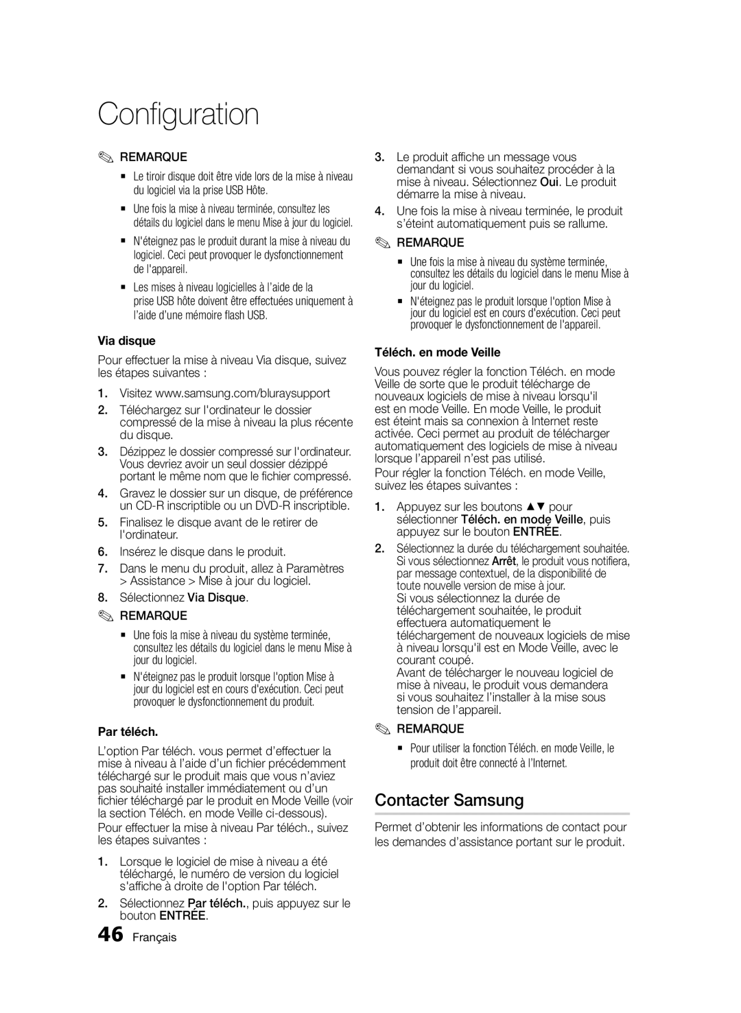 Samsung BD-E6300/ZF manual Contacter Samsung, Via disque, Sélectionnez Via Disque, Par téléch, Téléch. en mode Veille 