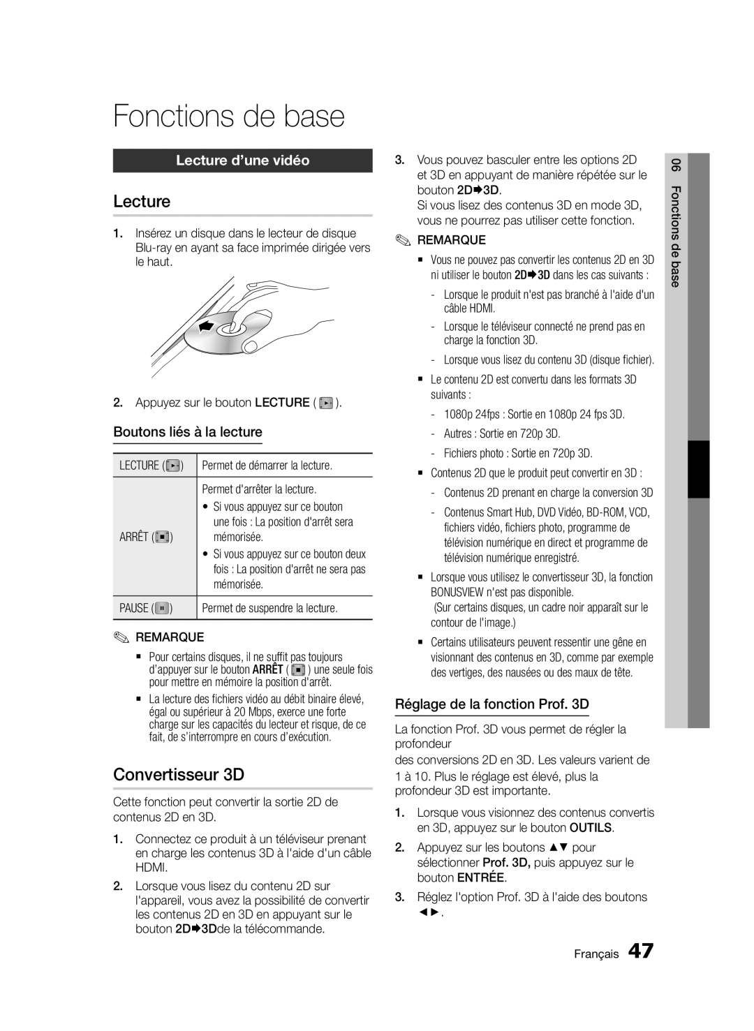 Samsung BD-E6300/ZF manual Fonctions de base, Convertisseur 3D, Lecture d’une vidéo 