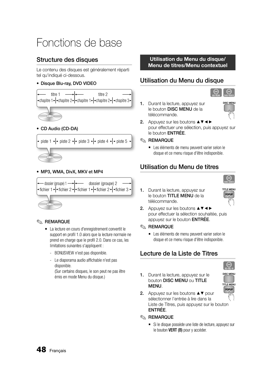Samsung BD-E6300/ZF Structure des disques, Utilisation du Menu du disque, Utilisation du Menu de titres, Entrée Remarque 