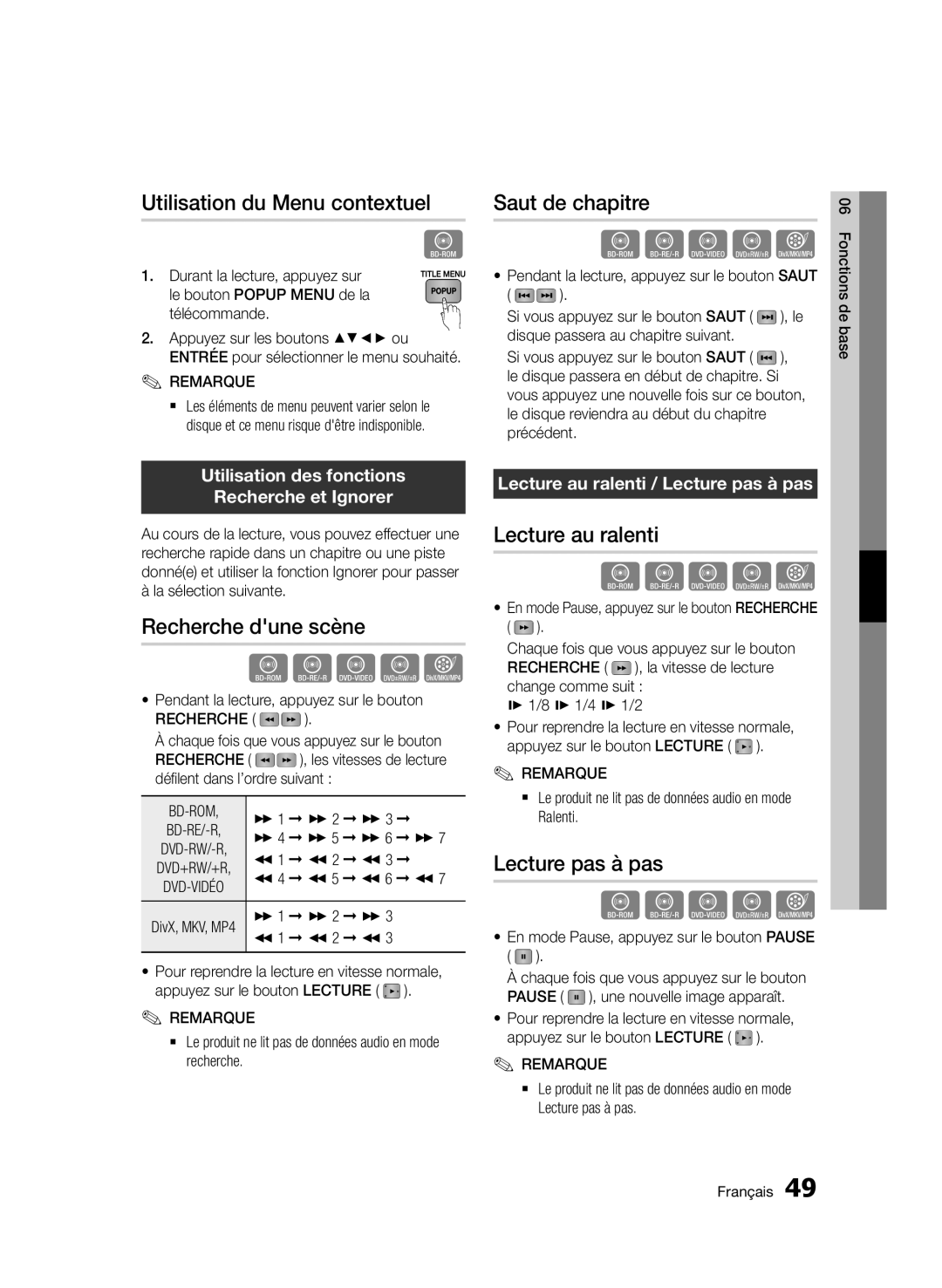 Samsung BD-E6300/ZF manual Utilisation du Menu contextuel, Recherche dune scène, Saut de chapitre, Lecture au ralenti 