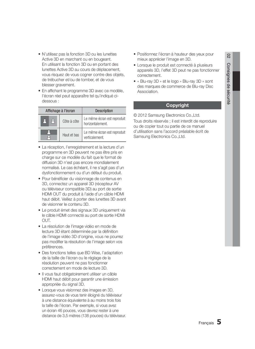 Samsung BD-E6300/ZF manual Copyright, Description, Horizontalement, Verticalement 