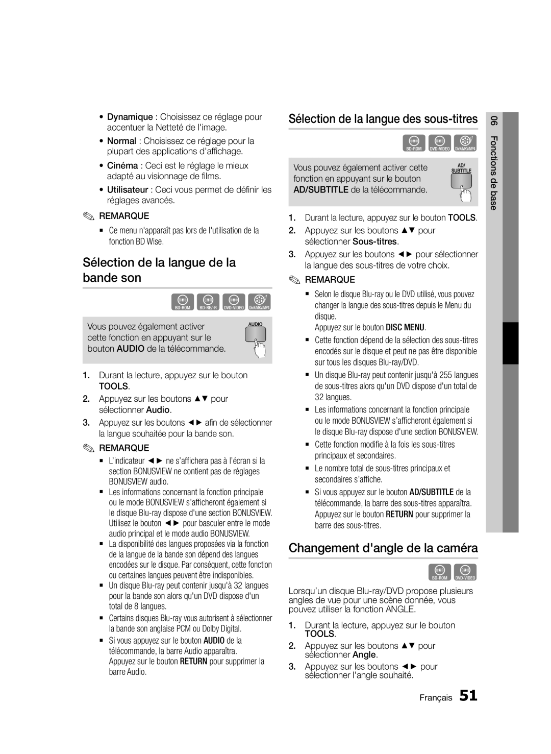 Samsung BD-E6300/ZF manual Sélection de la langue de la bande son, Changement dangle de la caméra 