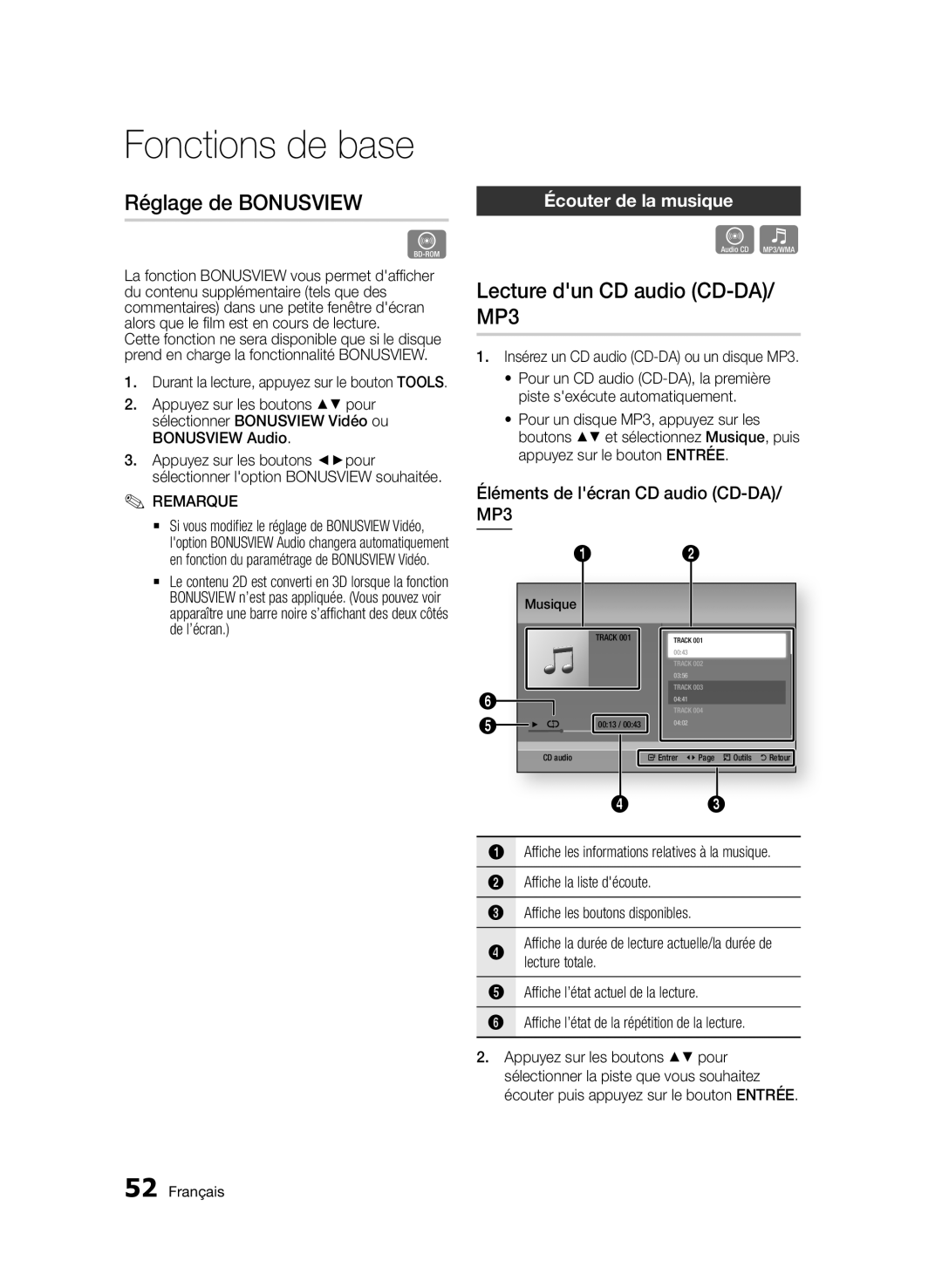 Samsung BD-E6300/ZF manual Réglage de Bonusview, Lecture dun CD audio CD-DA/ MP3, Écouter de la musique, Musique 