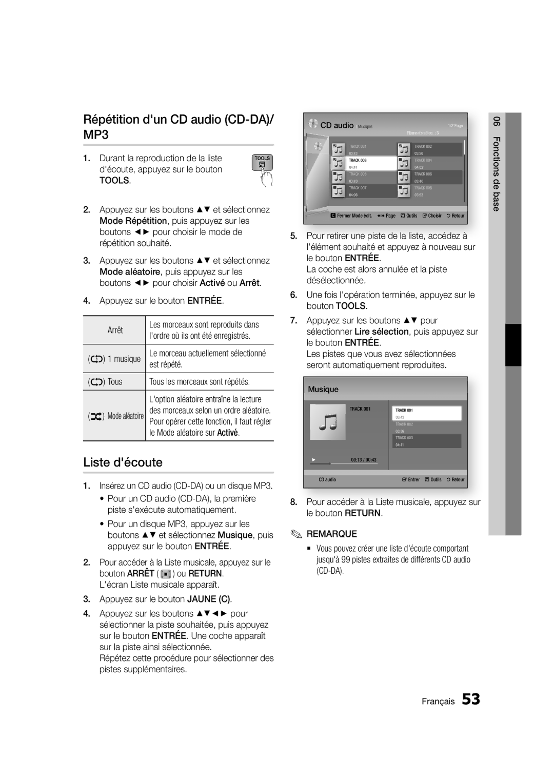 Samsung BD-E6300/ZF manual Répétition dun CD audio CD-DA/ MP3, Liste découte 