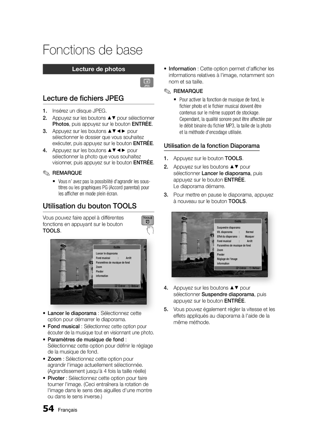 Samsung BD-E6300/ZF manual Lecture de fichiers Jpeg, Utilisation du bouton TOOLS, Lecture de photos, Insérez un disque Jpeg 