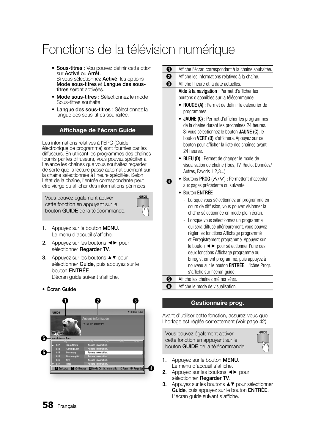 Samsung BD-E6300/ZF manual Affichage de lécran Guide, Gestionnaire prog 