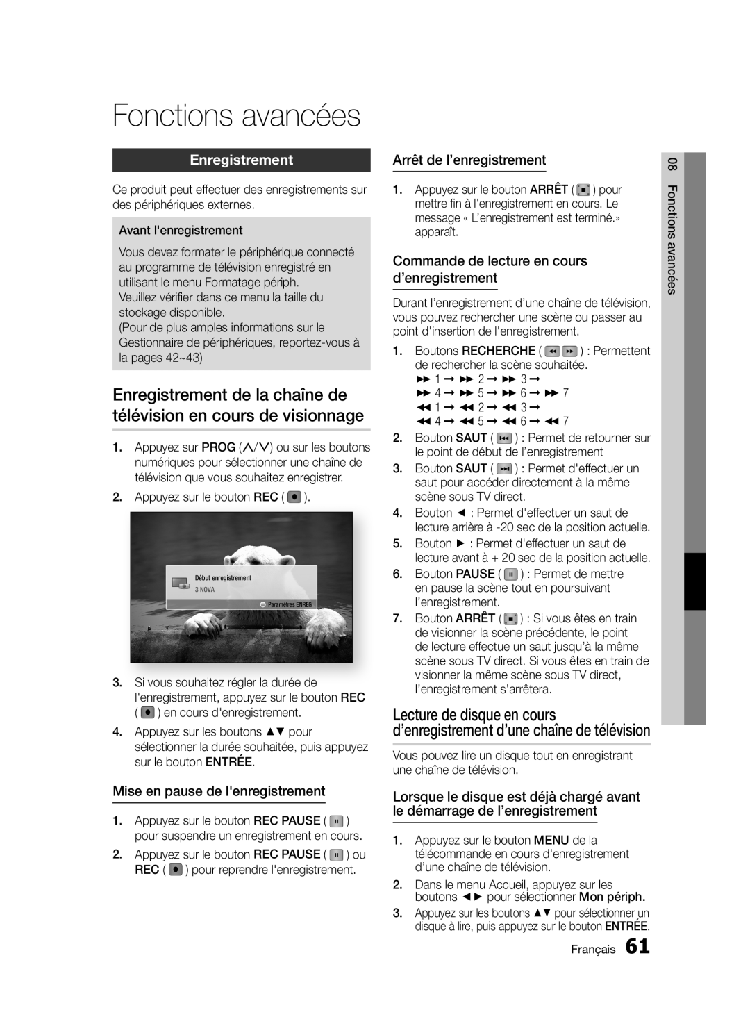 Samsung BD-E6300/ZF manual Enregistrement, Mise en pause de lenregistrement, Arrêt de l’enregistrement 