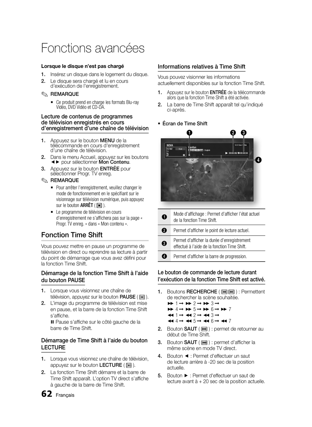 Samsung BD-E6300/ZF Fonction Time Shift, Démarrage de Time Shift à l’aide du bouton, Informations relatives à Time Shift 