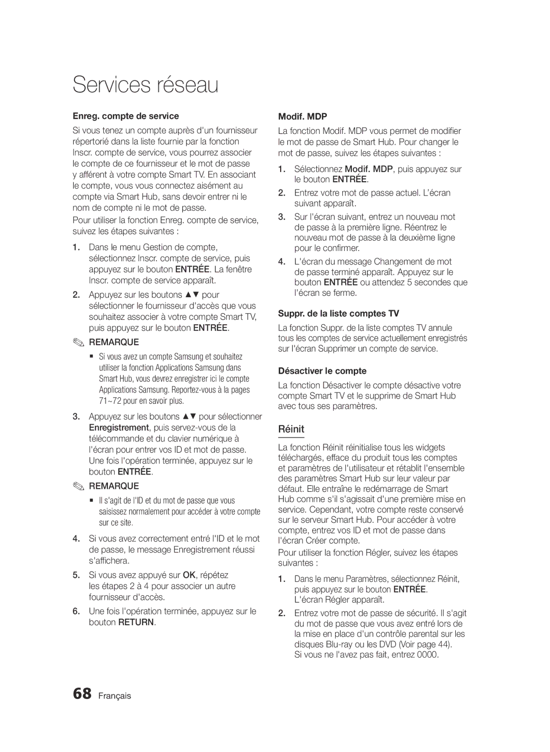 Samsung BD-E6300/ZF Réinit, Enreg. compte de service, Modif. MDP, Suppr. de la liste comptes TV, Désactiver le compte 