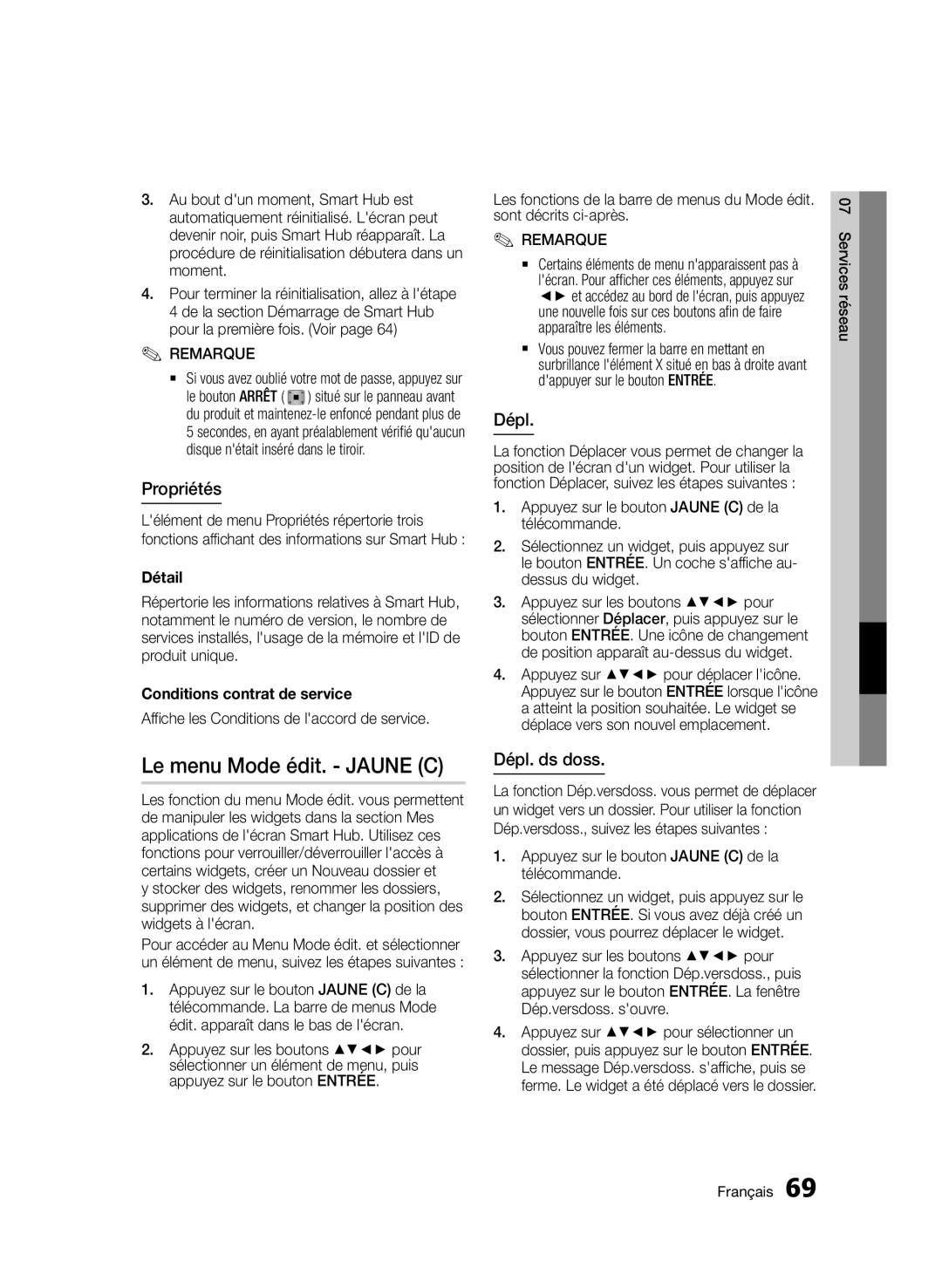 Samsung BD-E6300/ZF manual Le menu Mode édit. Jaune C, Propriétés, Dépl. ds doss 