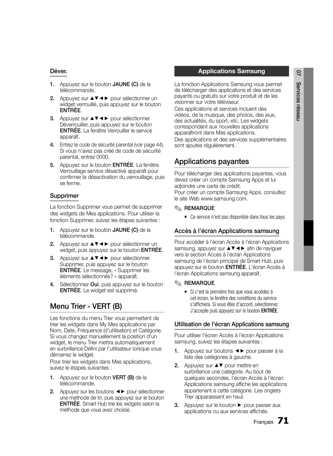 Samsung BD-E6300/ZF manual Menu Trier Vert B, Applications payantes, Applications Samsung 