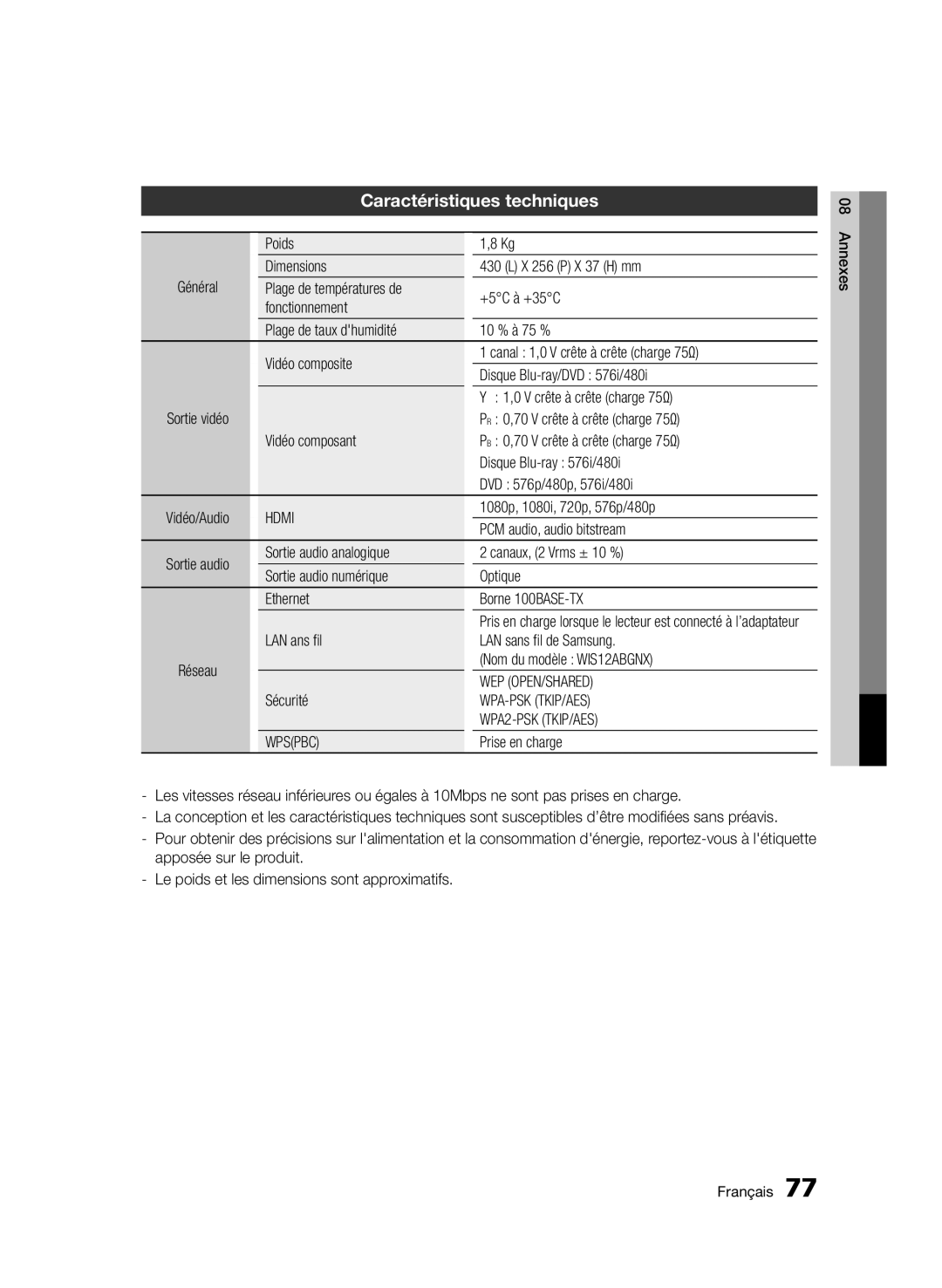 Samsung BD-E6300/ZF manual Caractéristiques techniques 