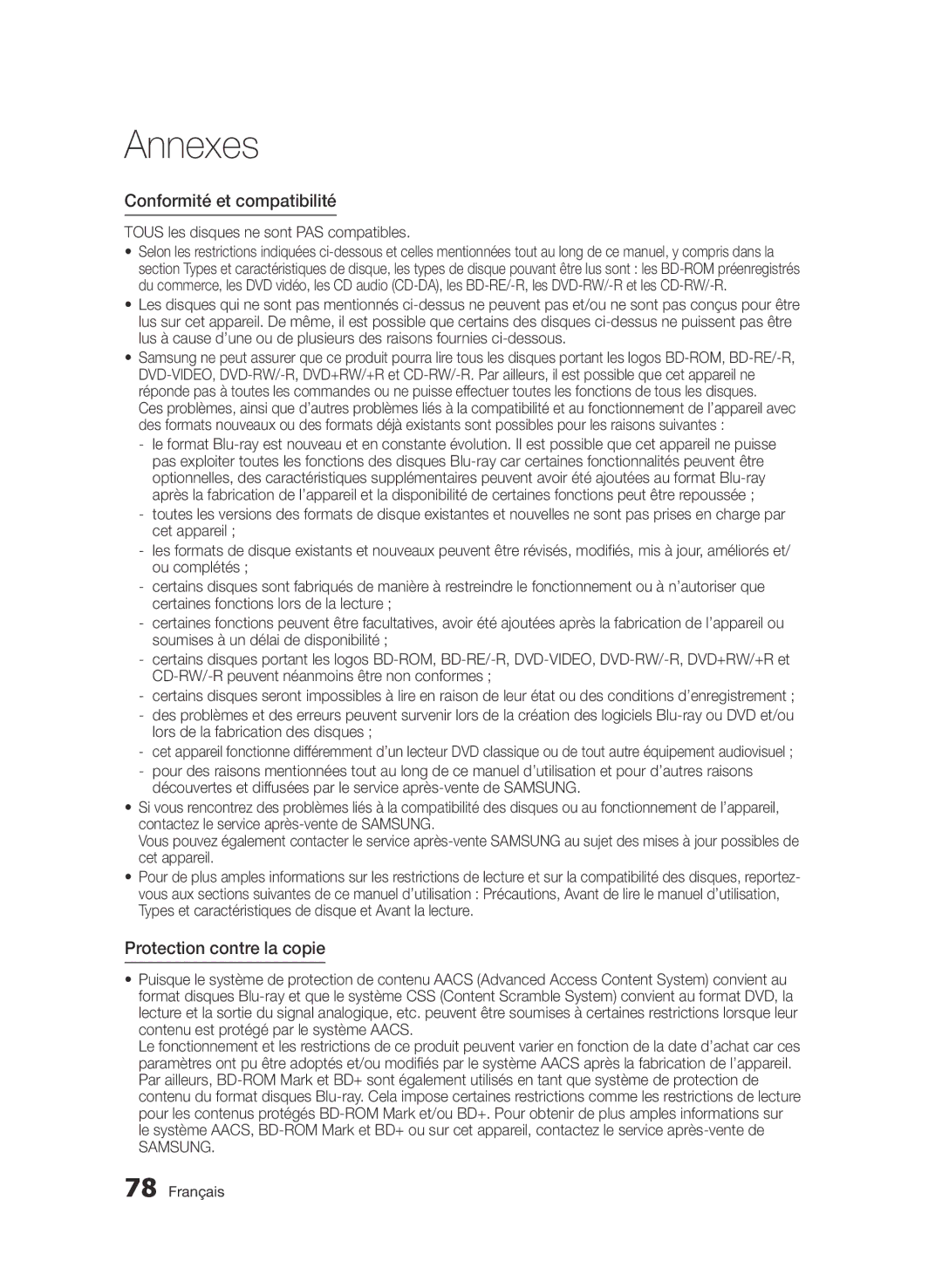 Samsung BD-E6300/ZF Conformité et compatibilité, Protection contre la copie, Tous les disques ne sont PAS compatibles 