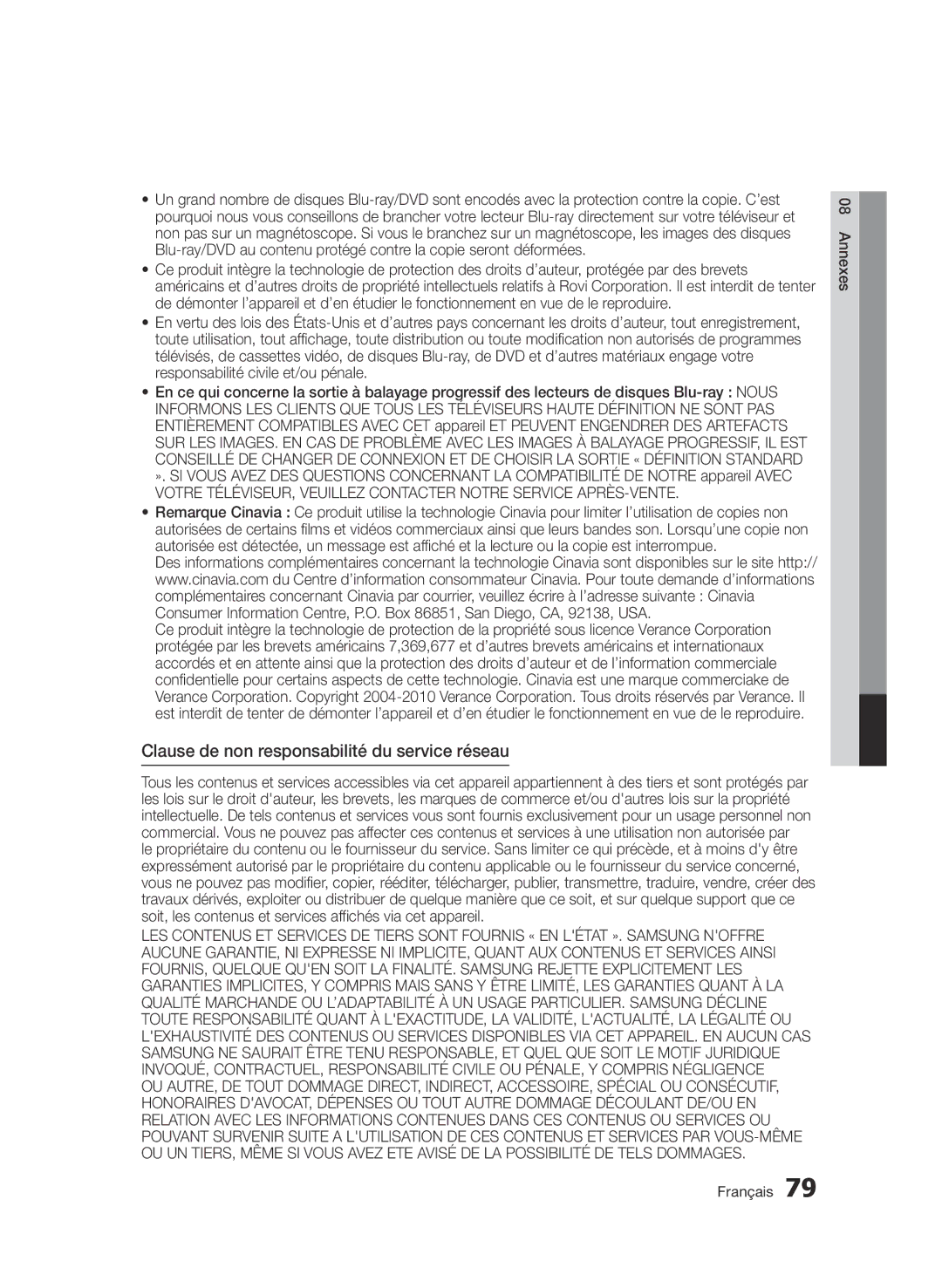 Samsung BD-E6300/ZF manual Clause de non responsabilité du service réseau 