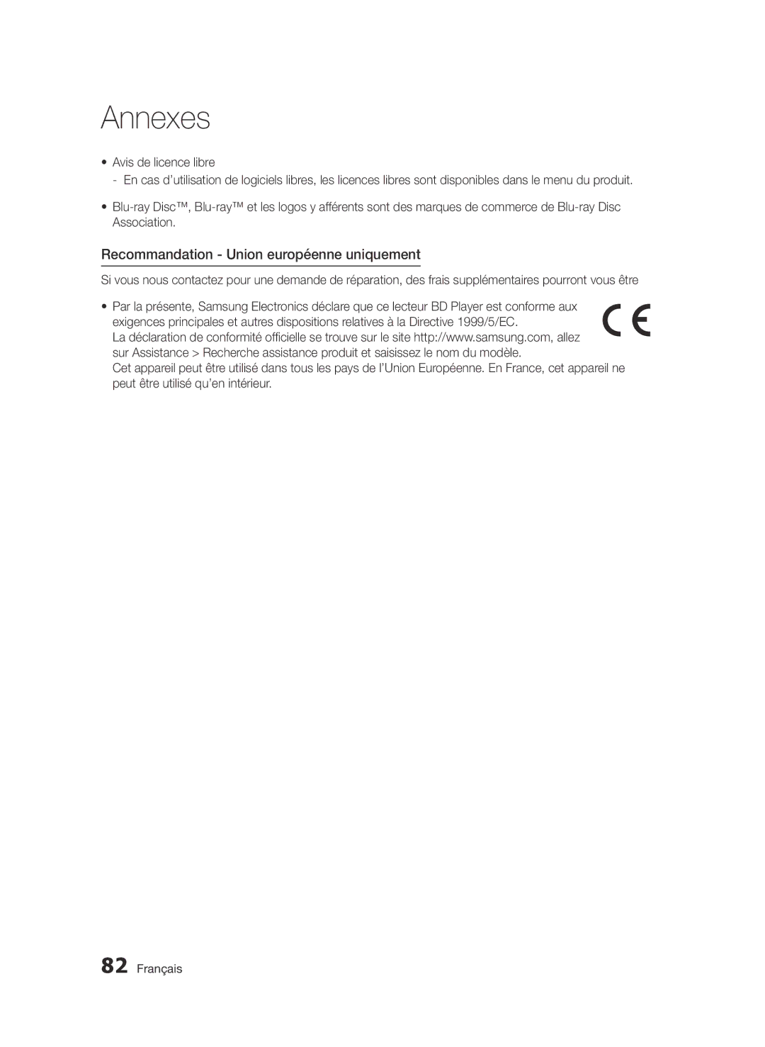 Samsung BD-E6300/ZF manual Recommandation Union européenne uniquement 