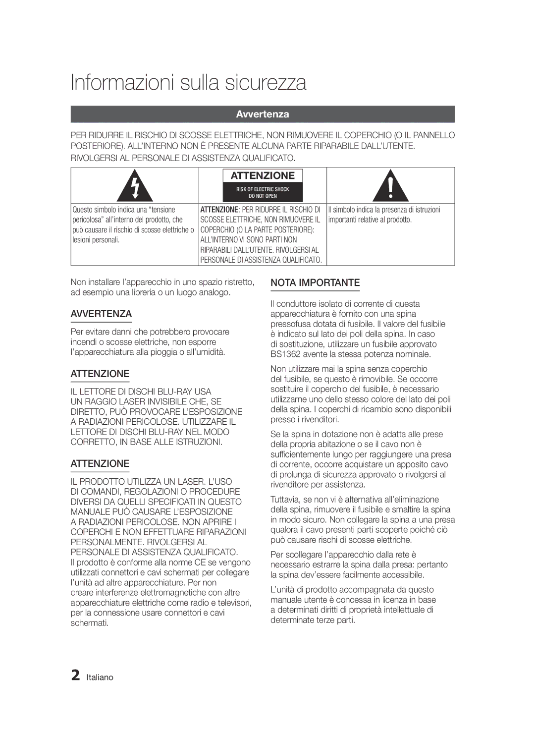 Samsung BD-E6300/ZF manual Informazioni sulla sicurezza, Avvertenza 