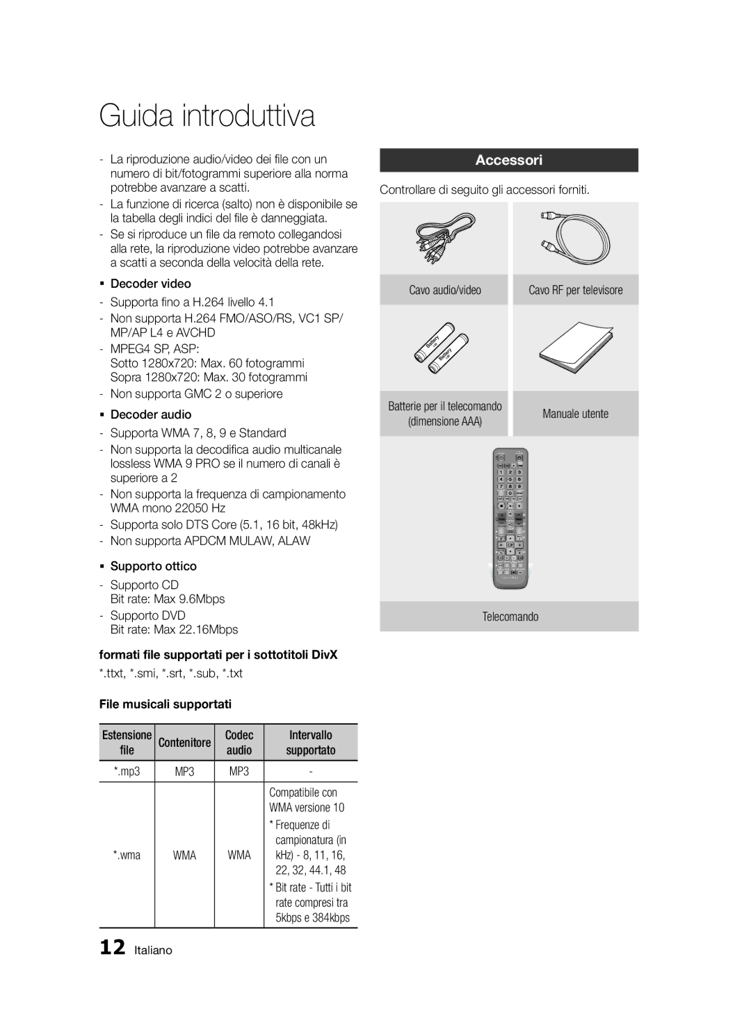 Samsung BD-E6300/ZF manual Accessori, MPEG4 SP, ASP, File musicali supportati 