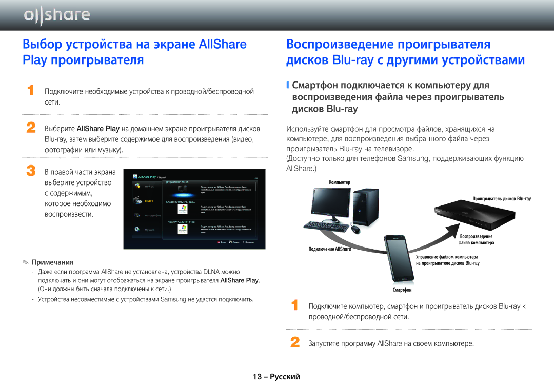 Samsung BD-E6500/RU manual Выбор устройства на экране AllShare Play проигрывателя, Сети, Фотографии или музыку 