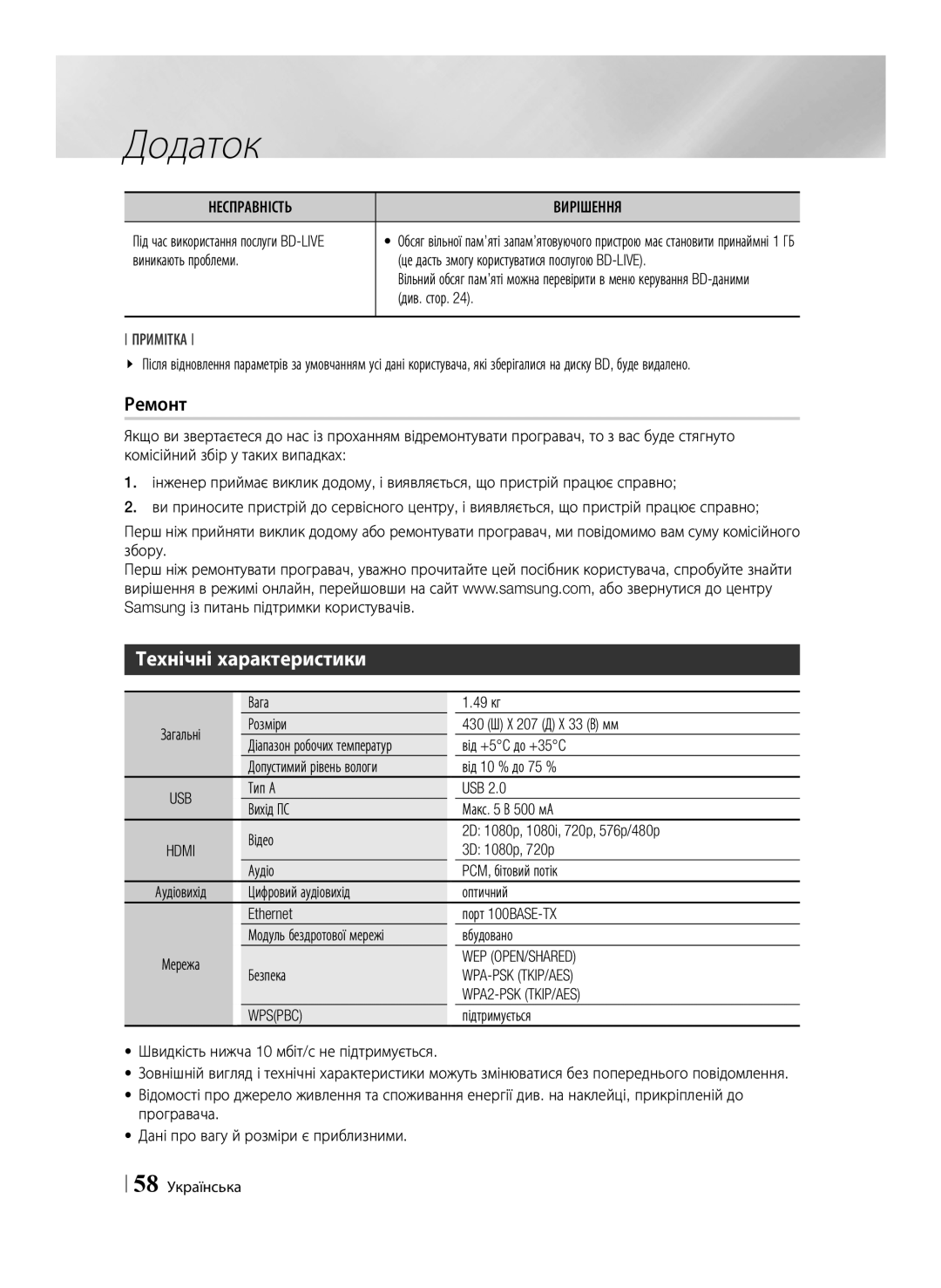 Samsung BD-E6500/RU manual Ремонт, Технічні характеристики, Несправність 