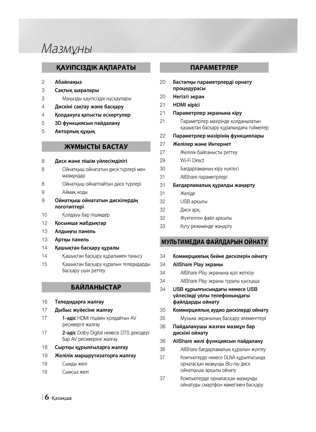 Samsung BD-E6500/RU manual Мазмұны 