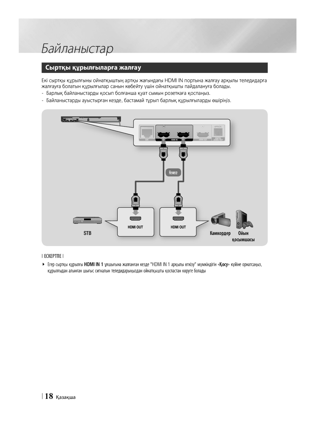 Samsung BD-E6500/RU manual Сыртқы құрылғыларға жалғау, 18 Қазақша, Камкордер 