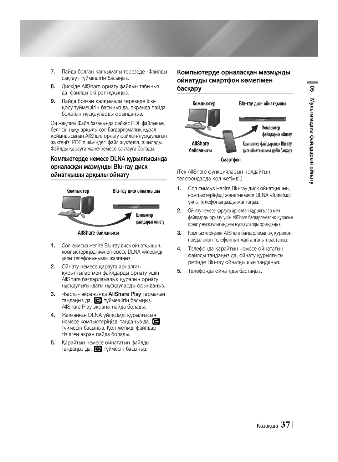 Samsung BD-E6500/RU manual AllShare байланысы, Компьютер, Файлдарын ойнату, Смартфон, Телефонда ойнатуды бастаңыз 